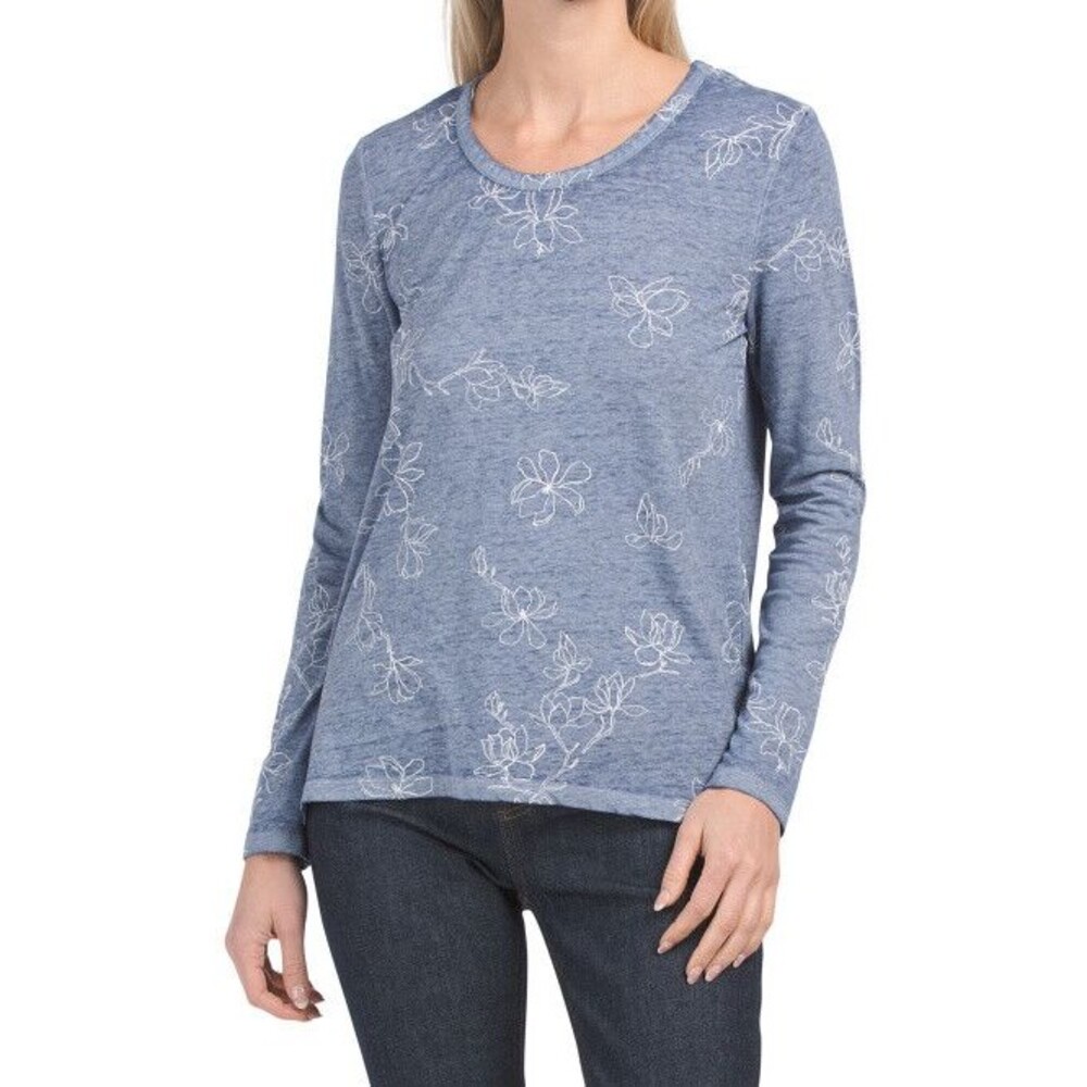 C&C California womens Blue Floral Long Sleeve Knit T Shirt Top size Large